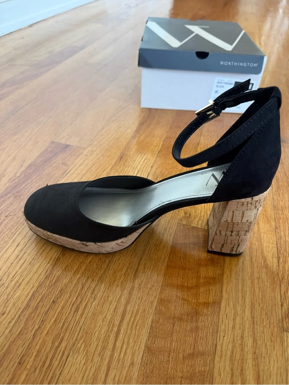 Worthington Black Suede Cork Block Heel Sandals